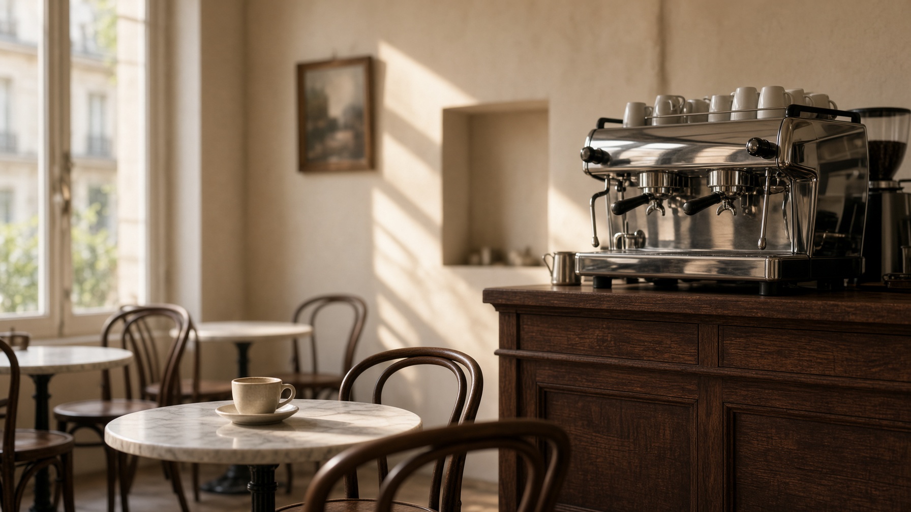 Morning light across the espresso bar at Nutmeg Café