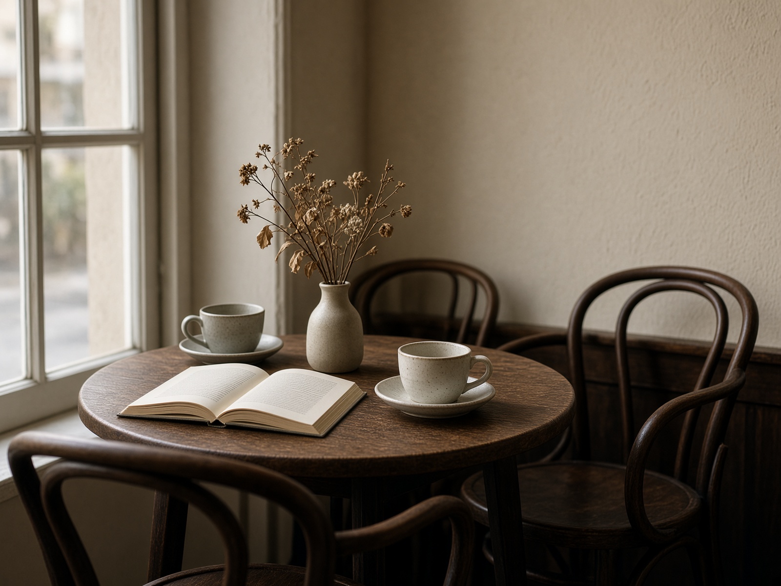 A quiet window table with coffee cups and a book